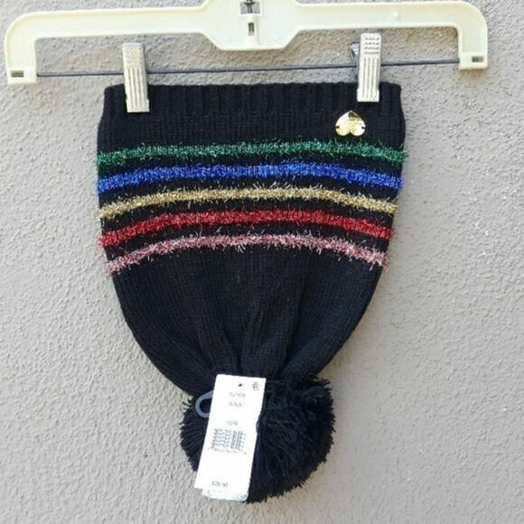 BETSY JOHNSON BLACK RAINBOW STRIPE POMPOM HAT $28. Nwt - Picture 3 of 8
